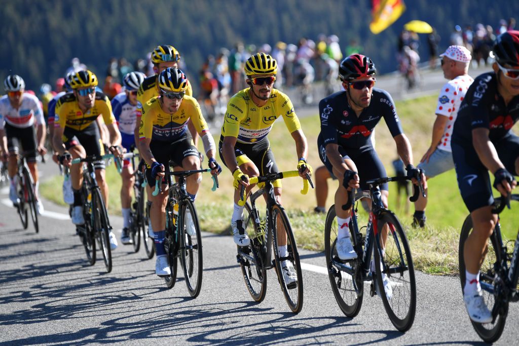 ORCIERES FRANCE SEPTEMBER 01 Jonathan Castroviejo of Spain and Team INEOS Grenadiers Julian Alaphilippe of France and Team Deceuninck QuickStep Yellow Leader Jersey Primoz Roglic of Slovenia and Team Jumbo Visma during the 107th Tour de France 2020 Stage 4 a 1605km stage from Sisteron to OrcieresMerlette 1825m TDF2020 LeTour on September 01 2020 in Orcieres France Photo by Tim de WaeleGetty Images
