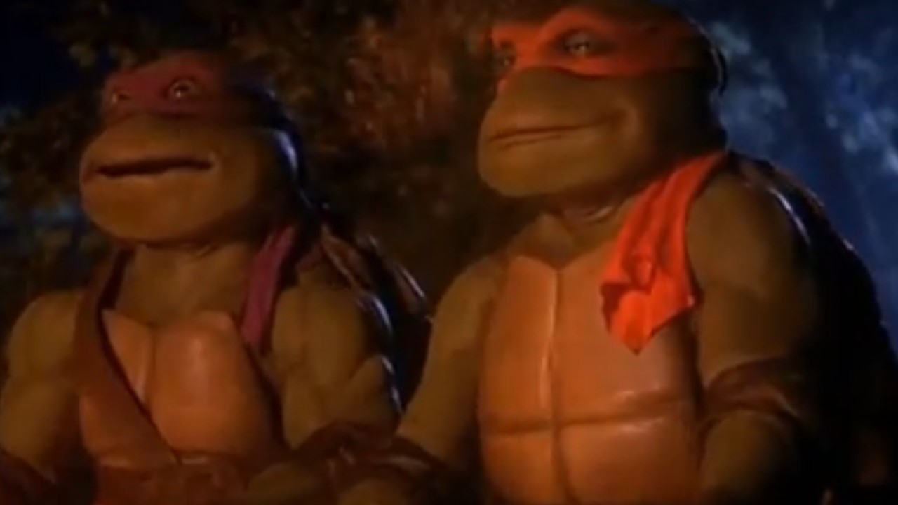 Donatello y Michelangelo sentados junto a un fuego en tortugas de Ninja Mutant Teenage