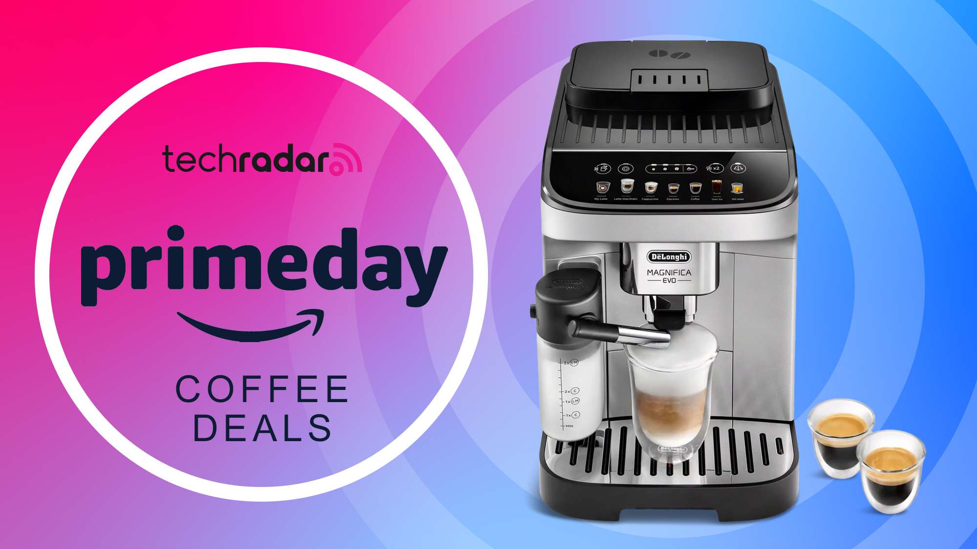 De'Longhi coffee maker on pink and purple background with text reading 'TechRadar Prime Day Coffee Deals'