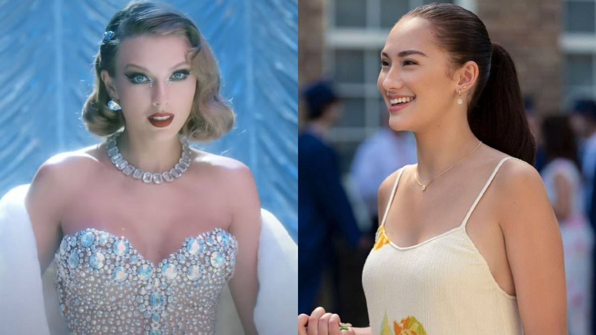 Taylor Swift in the Bejeweled music video and Lola Tung in The Summer I Turned Pretty.