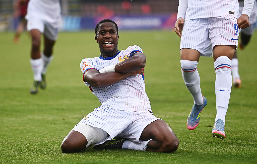 Abdoulaye Camara of France celebrates scoring his team's first goal during the UEFA European Under-17 Championship 2024/25 Semi-Final match between France and Belgium at Elbasan Arena on May 29, 2025 in Elbasan, Albania.