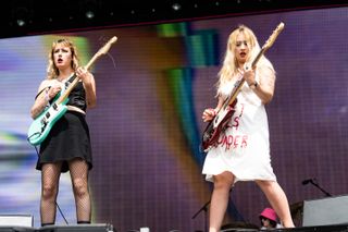 Phoebe Lunny and Lilly Maciera of Lambrini Girls perform at Dog Day Afternoon Festival 2023 at Crystal Palace Park on July 01, 2023 in London, England