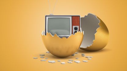 Netflix, 3d rendering of retro TV set that just hatched out from golden egg