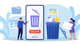 A man and woman delete emails on a large phone and throwing them in a bin