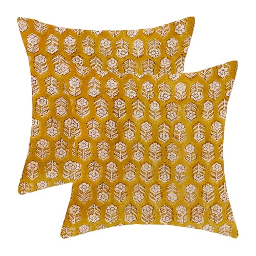 Aeioae Mustard Yellow Pillow Covers 18x18 Inch Set of 2, Boho Spring Vintage Floral Throw Pillows Case, Flower Rustic Seasonal Summer Outdoor Decorative Farmhouse Decor Cushion Covers for Sofa Couch