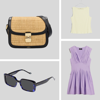 Product collage of Adidas Nora Shoes, Banana Republic Cici Poplin Mini Dress, Madewell Ribbed Boatneck Tank, A.p.c. Small Grace Raffia Effect Shoulder Bag, Le Specs Pre-Bio-Tic Alt Fit Sunglasses