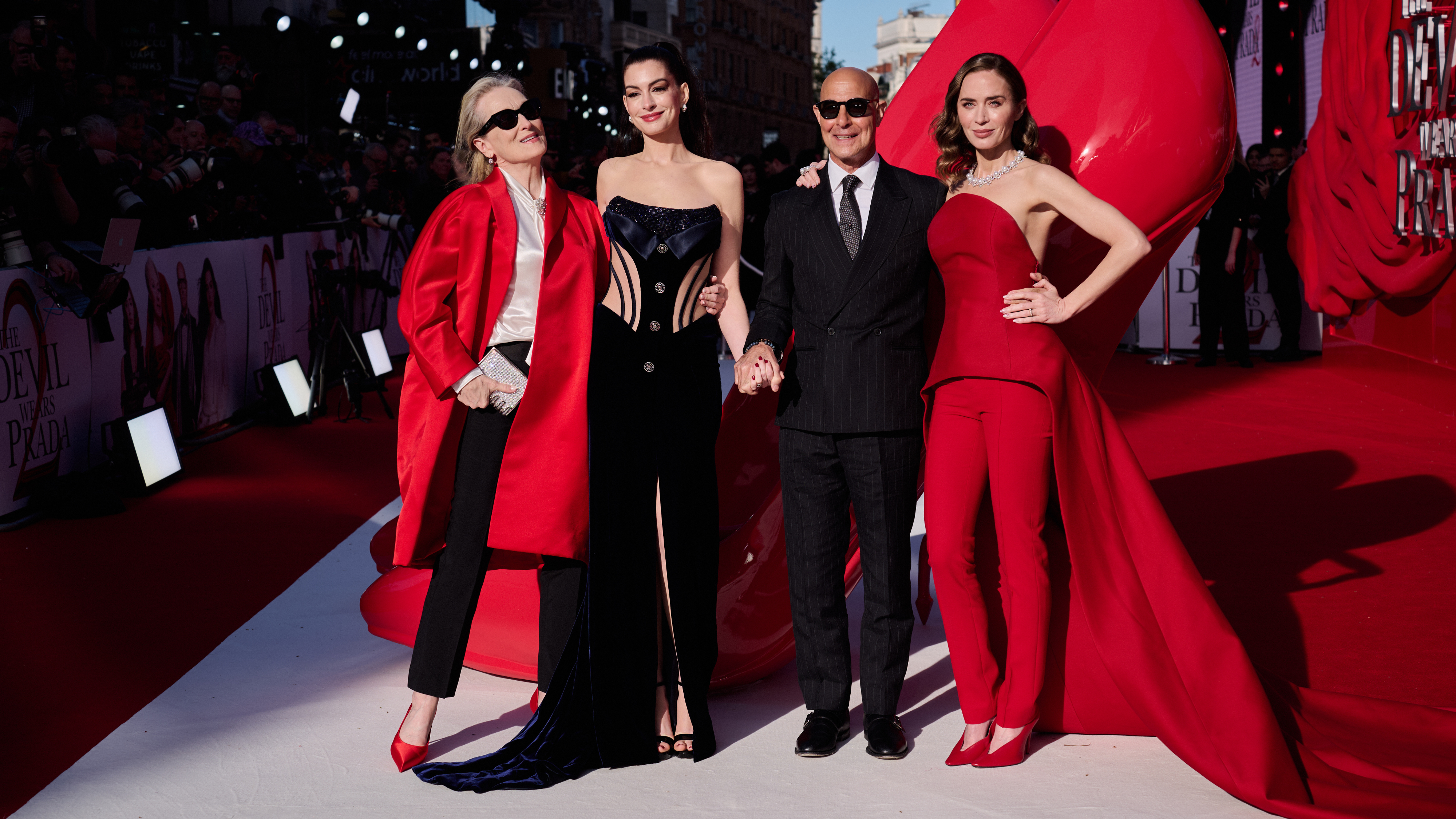 Meryl Streep, Anne Hathaway, Stanley Tucci and Emily Blunt attend "The Devil Wears Prada 2" European Premiere inside Leicester Square on April 22, 2026 in London, England. 