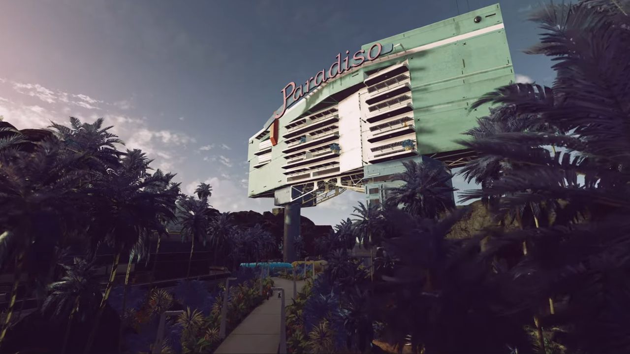 far off view of a luxury-looking hotel on stilts called "Paradiso"