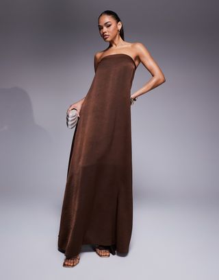 Asos Design Bandeau Trapeze Satin Maxi Dress in Chocolate