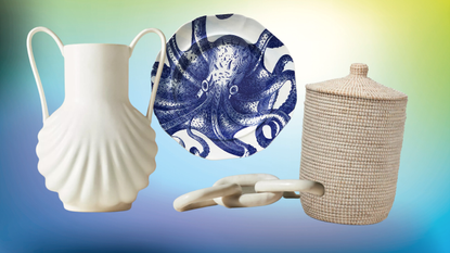coastal vase, plate, chain decor, and seagrass basket 
