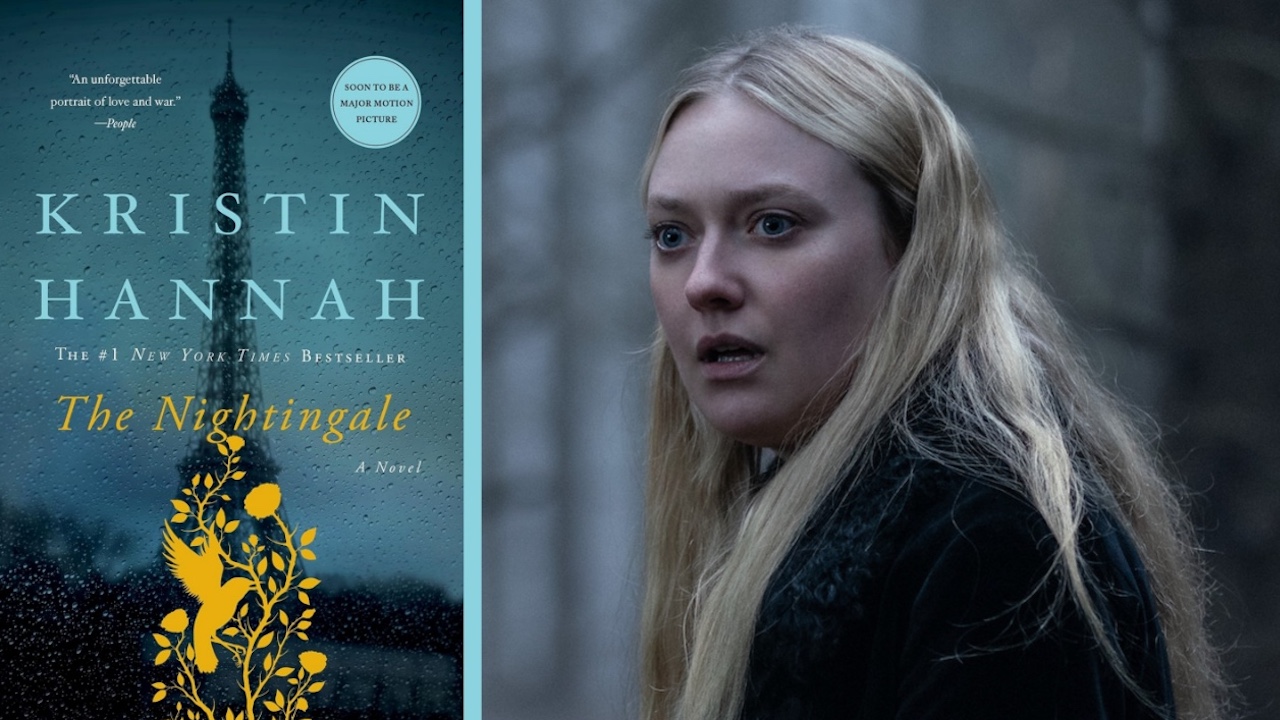 The Nightingale book cover and Dakota Fanning in The Watchers