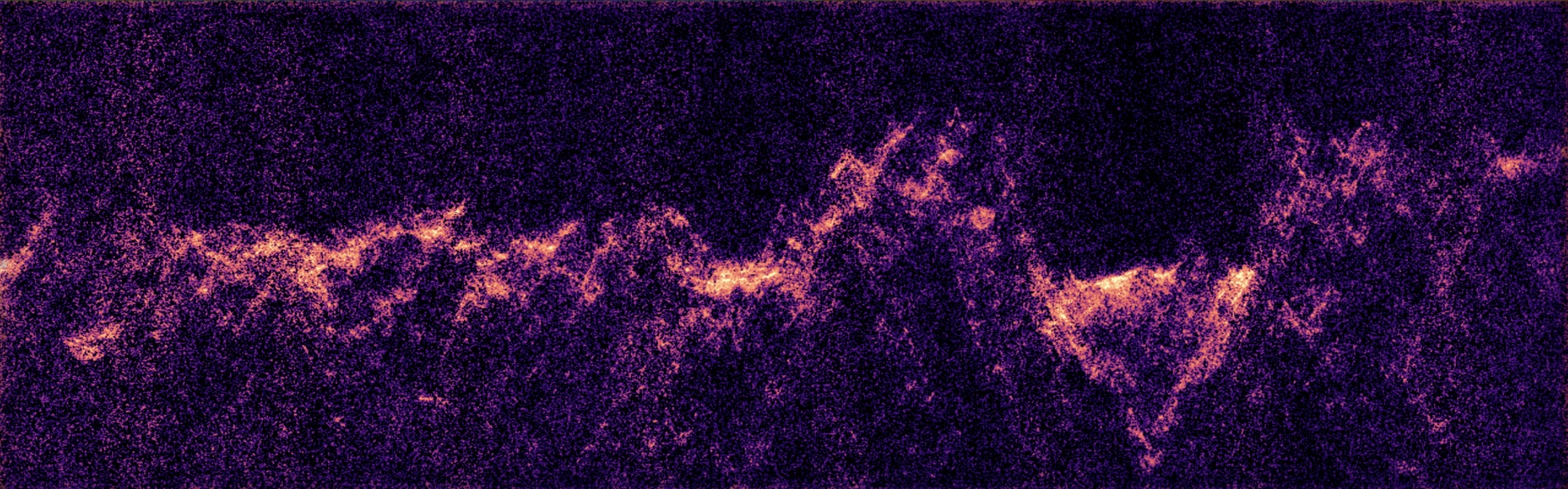An elevation map showing the height of a crater in purple and orange lines