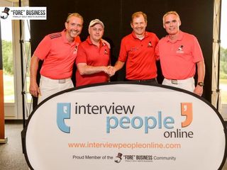 FORE Business co-founders Sean Fergusson (left) and Arron Busst (right) with members Barry Davies and David Harries, who shook hands on a business deal on the golf course.