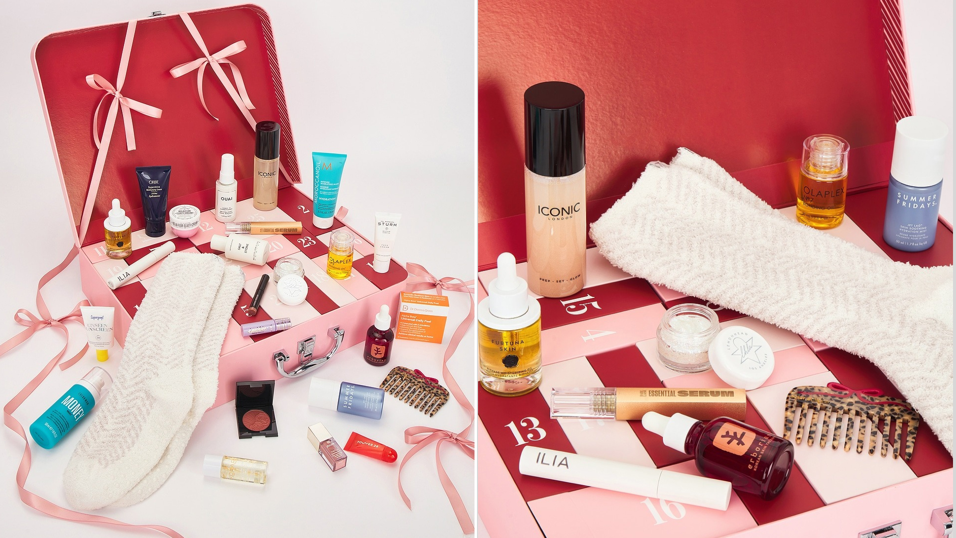 Split image of revolve 2025 25-day beauty advent calendar with contents spilled out 