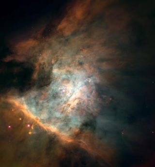 The Orion Nebula is a stellar nursery that is visible with a pair of binoculars, although Hubble Space Telescope does provide a better view.