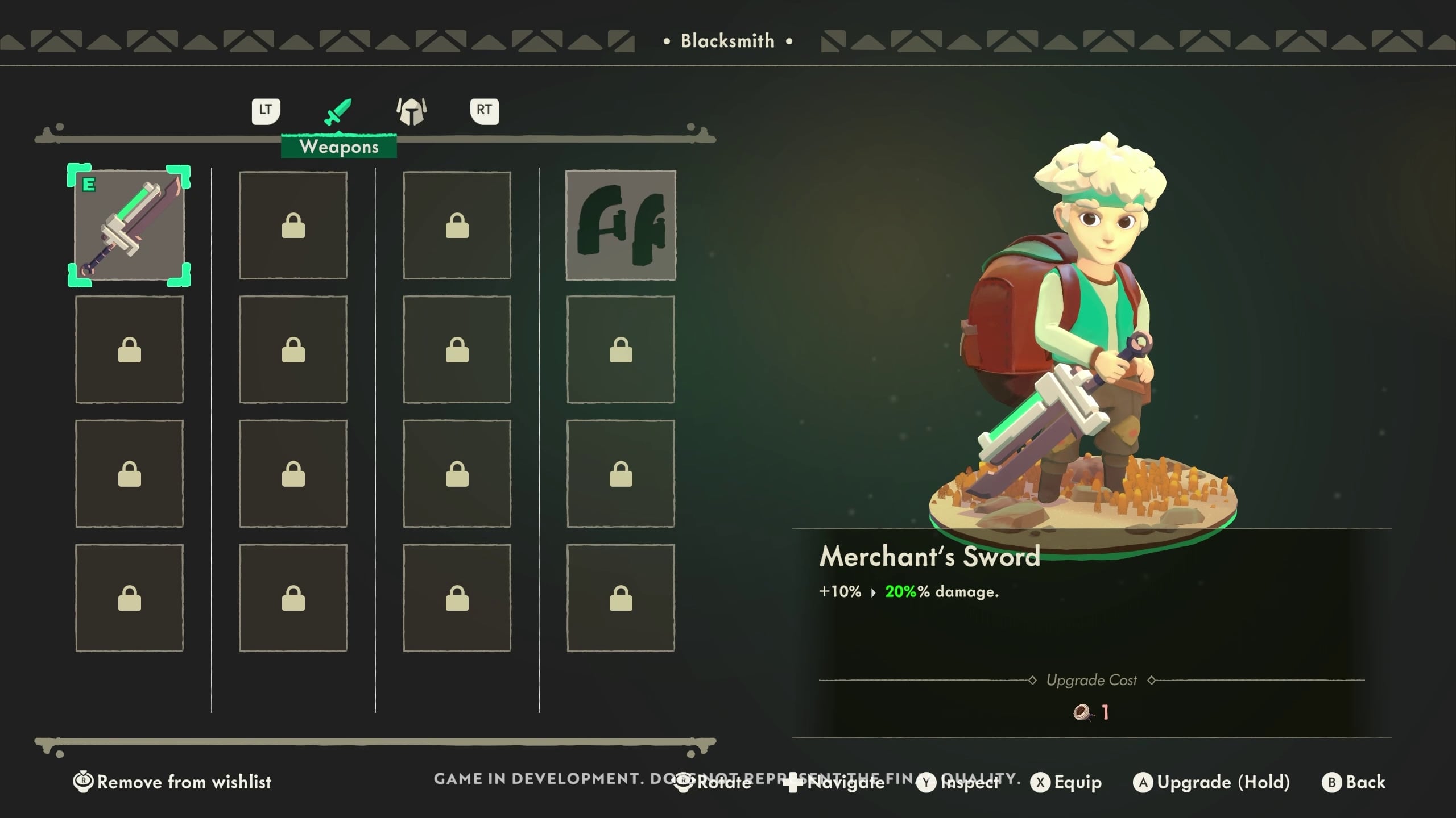 Moonlighter 2 screenshot of the weapon upgrade screen.