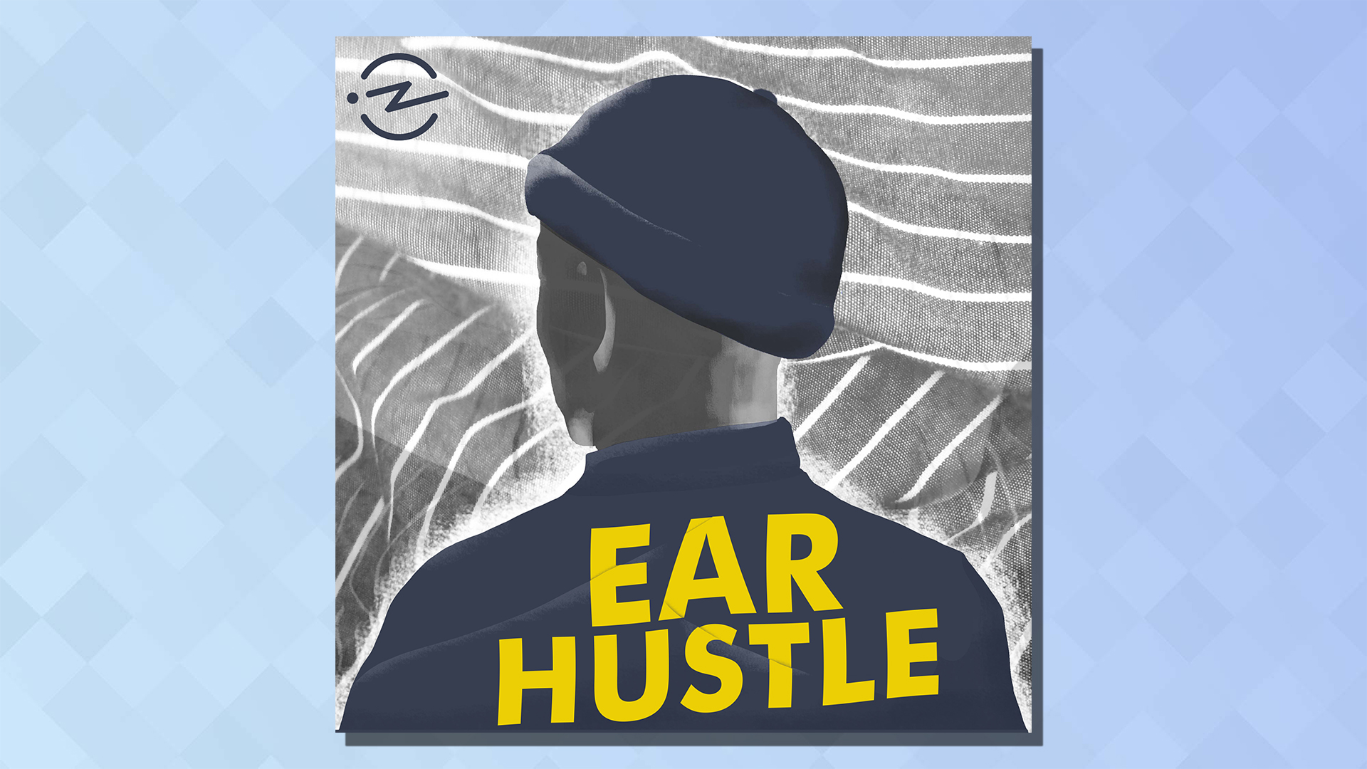 The logo of the Ear Hustle podcast on a blue background