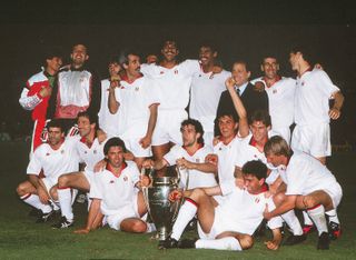 AC Milan celebrate with the European Cup after beating Barcelona in the 1994 final in Athens.