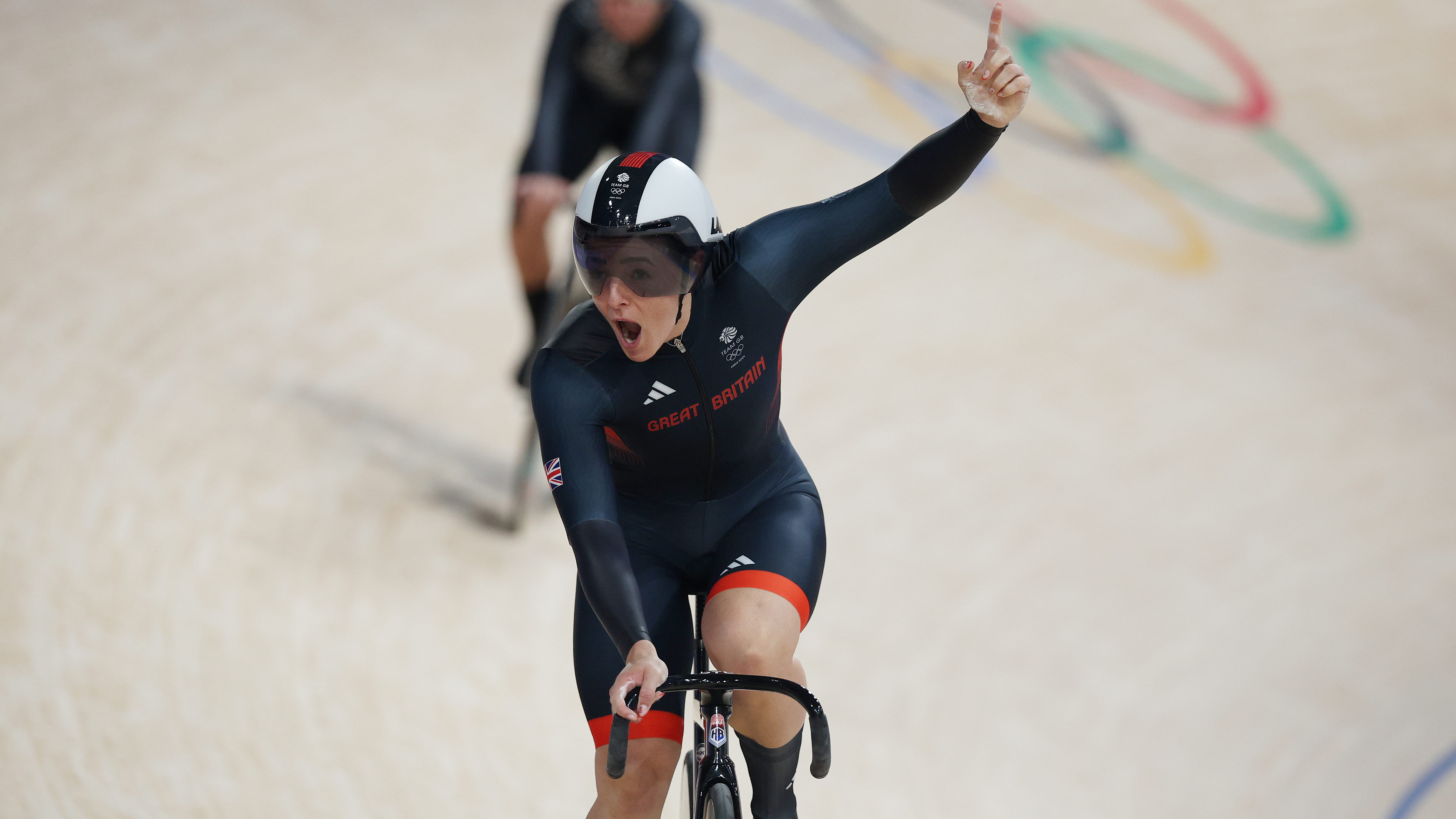 Katy Marchant celebrates as Gold medal winner during the Women&amp;rsquo;s Team Sprint, Finals on day ten of the Olympic Games Paris 2024