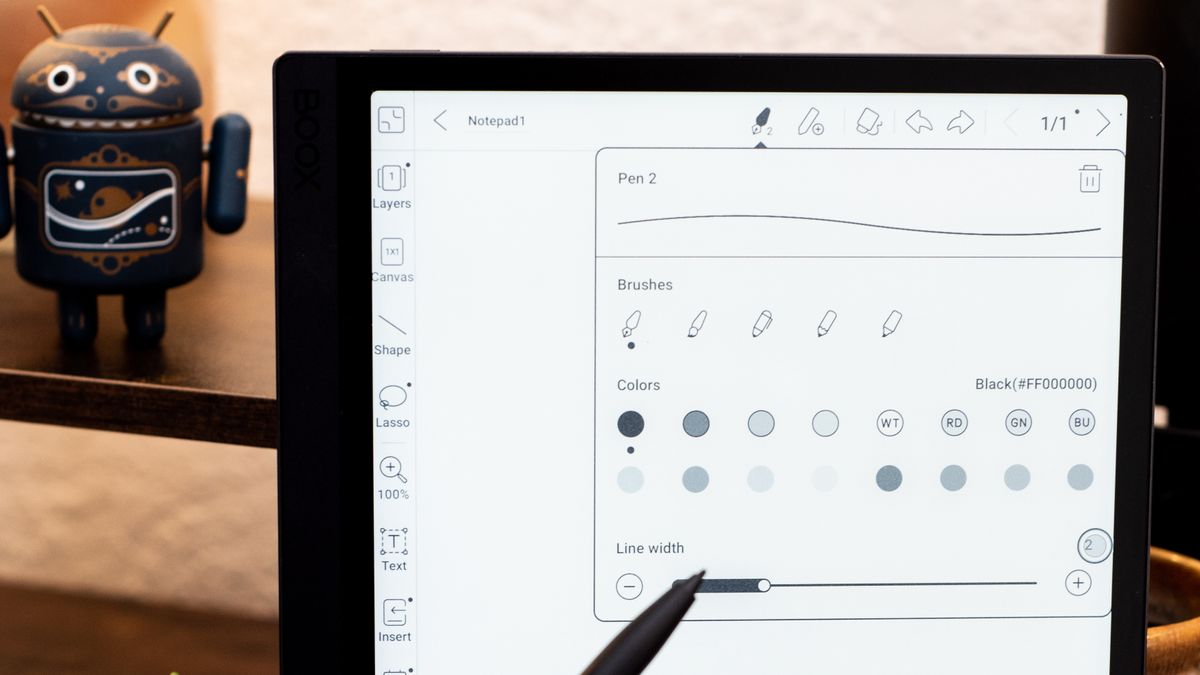 Onyx Boox Tab Ultra software settings screens with pen