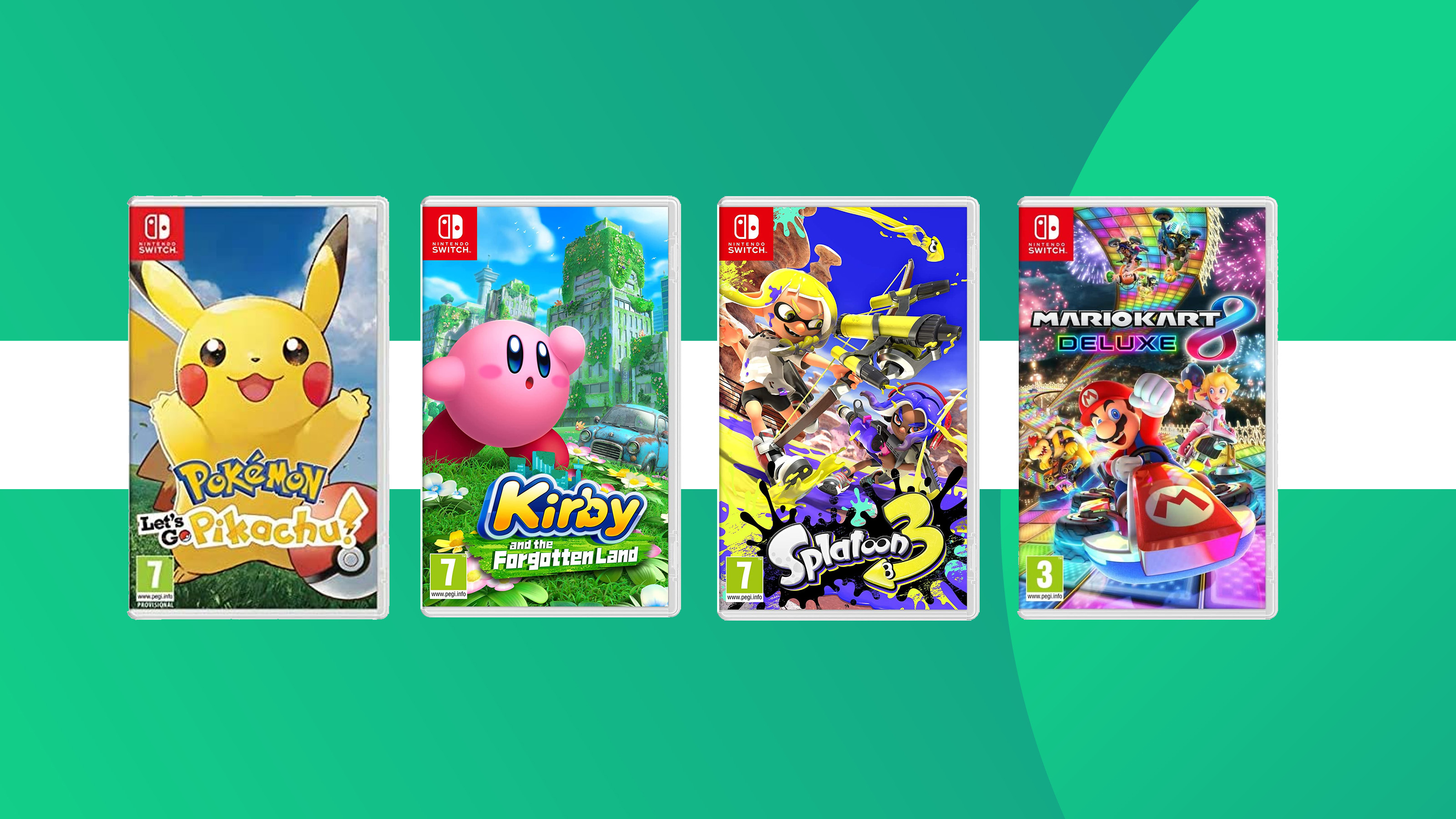 product shots of various Switch games on a colourful background