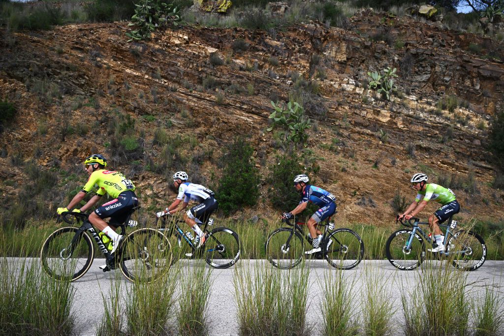 TAVIRA PORTUGAL FEBRUARY 16 LR Frederico Figueiredo of Portugal and Team Sabgal Anicolor Carlos Miguel Salgueiro of Portugal and Team APHotels Resorts Tavira SC Farense Raul Rota of Spain and Team Radio Popular Paredes Boavista and Francisco Morais of Portugal and Team TavferOvos MatinadosMortagua compete in the breakaway during the 50th Volta ao Algarve em Bicicleta 2024 Stage 3 a 1922km stage from Vila Real de Santo Antonio to Tavira on February 16 2024 in Tavira Portugal Photo by Dario BelingheriGetty Images