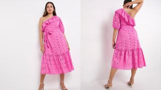 pink one shoulder broderie anglaise plus size dress