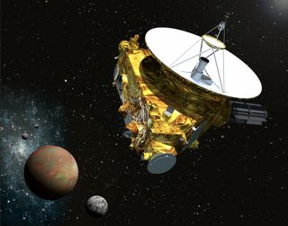 Artist's illustration showing NASA's New Horizons spacecraft flying through the Pluto system on July 14, 2015. New Horizons performed a 93-second engine burn on March 10, 2015 to prep for the flyby.