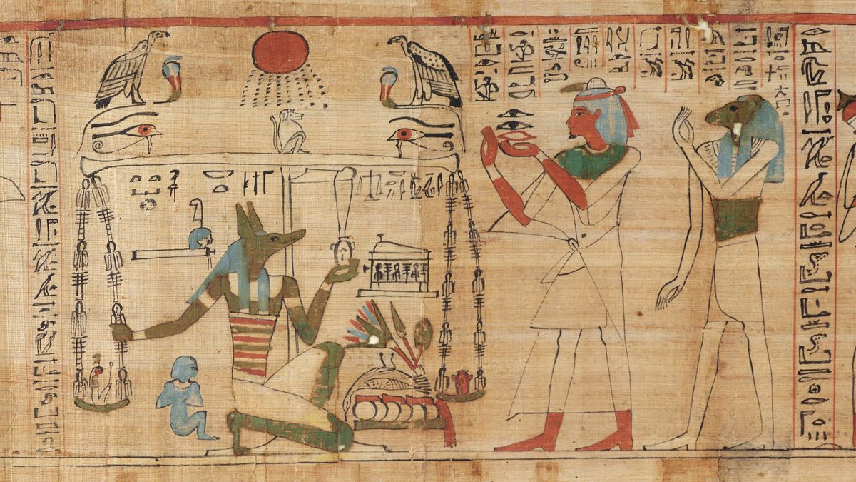 A detail from a Book of the Dead segment, housed at the Egyptian Museum in Turin, Italy. The scenes on this version of the book are similar to those seen on the fragments in New Zealand and Los Angeles.