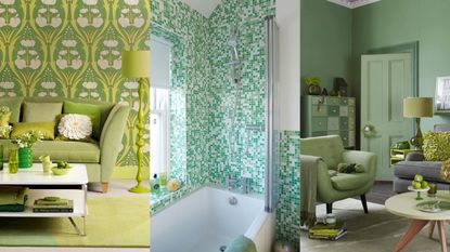 grass green living room and shower reminiscent of jonathan adlers bonaparte chair
