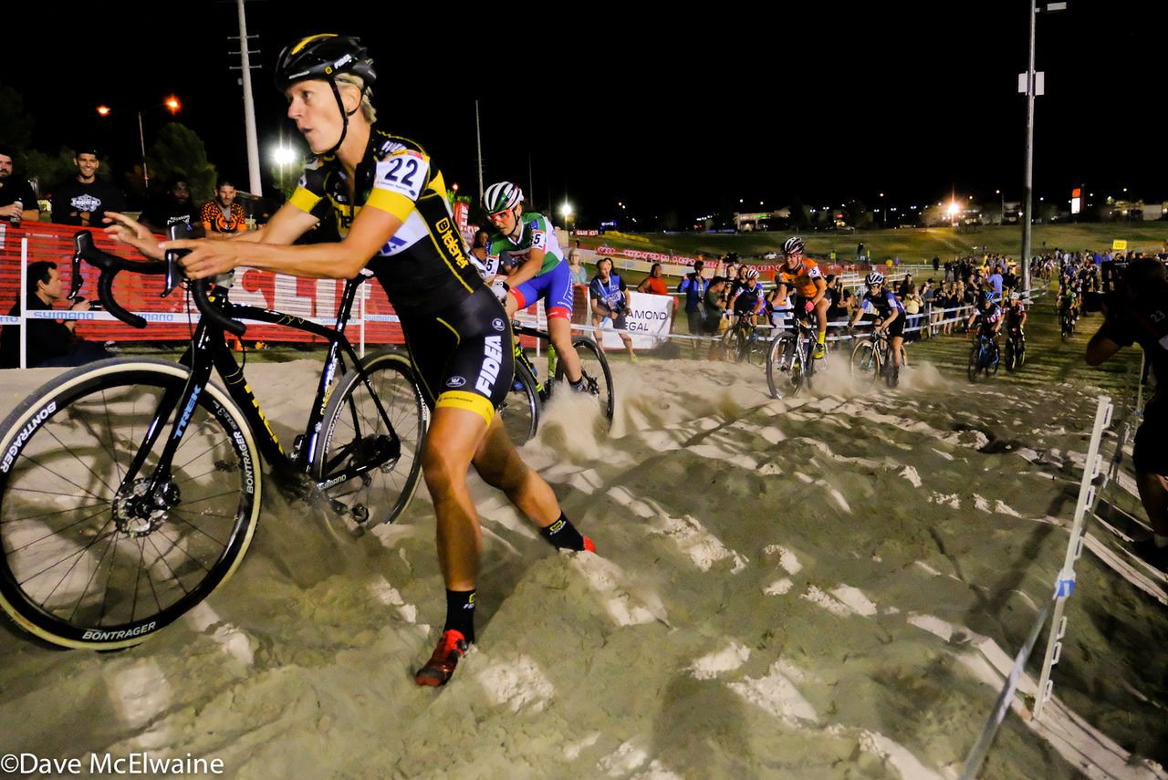 Ellen Van Loy (Bel) leading the race up the sand pit during lap one