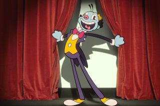 Alan Cumming's cartoon character on Doctor Who, Mr. Ring-a-Ding, pulling back theater curtain