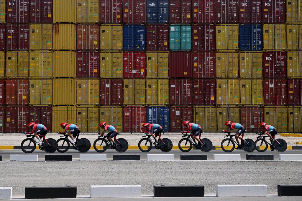 KHALIFA PORT UNITED ARAB EMIRATES FEBRUARY 21A general view of Caleb Ewan of Australia Thomas De Gendt of Belgium Jarrad Drizners of Australia Jacopo Guarnieri of Italy Michael Schwarzmann of Germany Rdiger Selig of Germany Eduardo Sepulveda of Argentina and Team Lotto Dstny competing during the 5th UAE Tour 2023 Stage 2 a 173km team time trial in Khalifa Port UAETour on February 21 2023 in Khalifa Port United Arab Emirates Photo by Dario BelingheriGetty Images