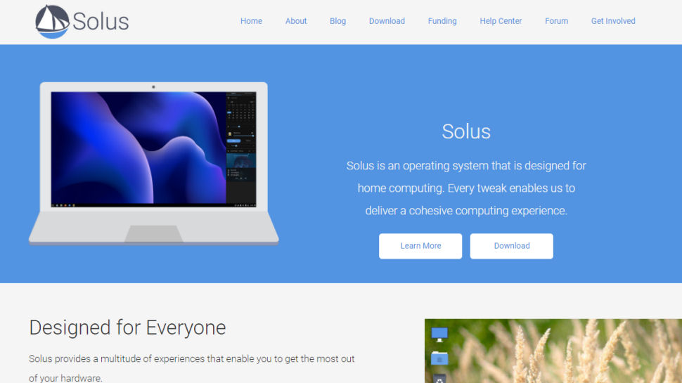 Tangkapan layar situs web untuk Solus