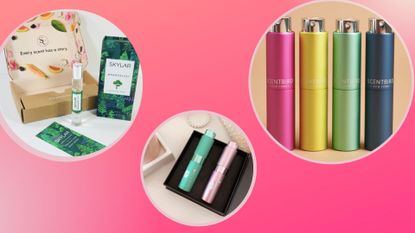 three images from the best perfume subscription box article in white bubbles on a pink background