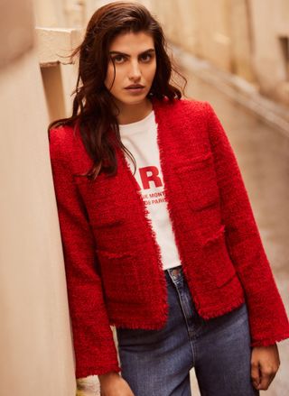 Red Wool Blend Boucle Jacket