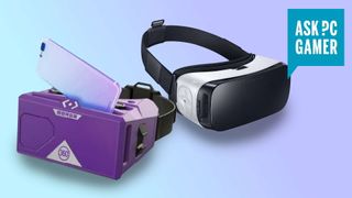 The Merge and Samsung gear VR headsets pictured side by side, on a green and purple gradient background.