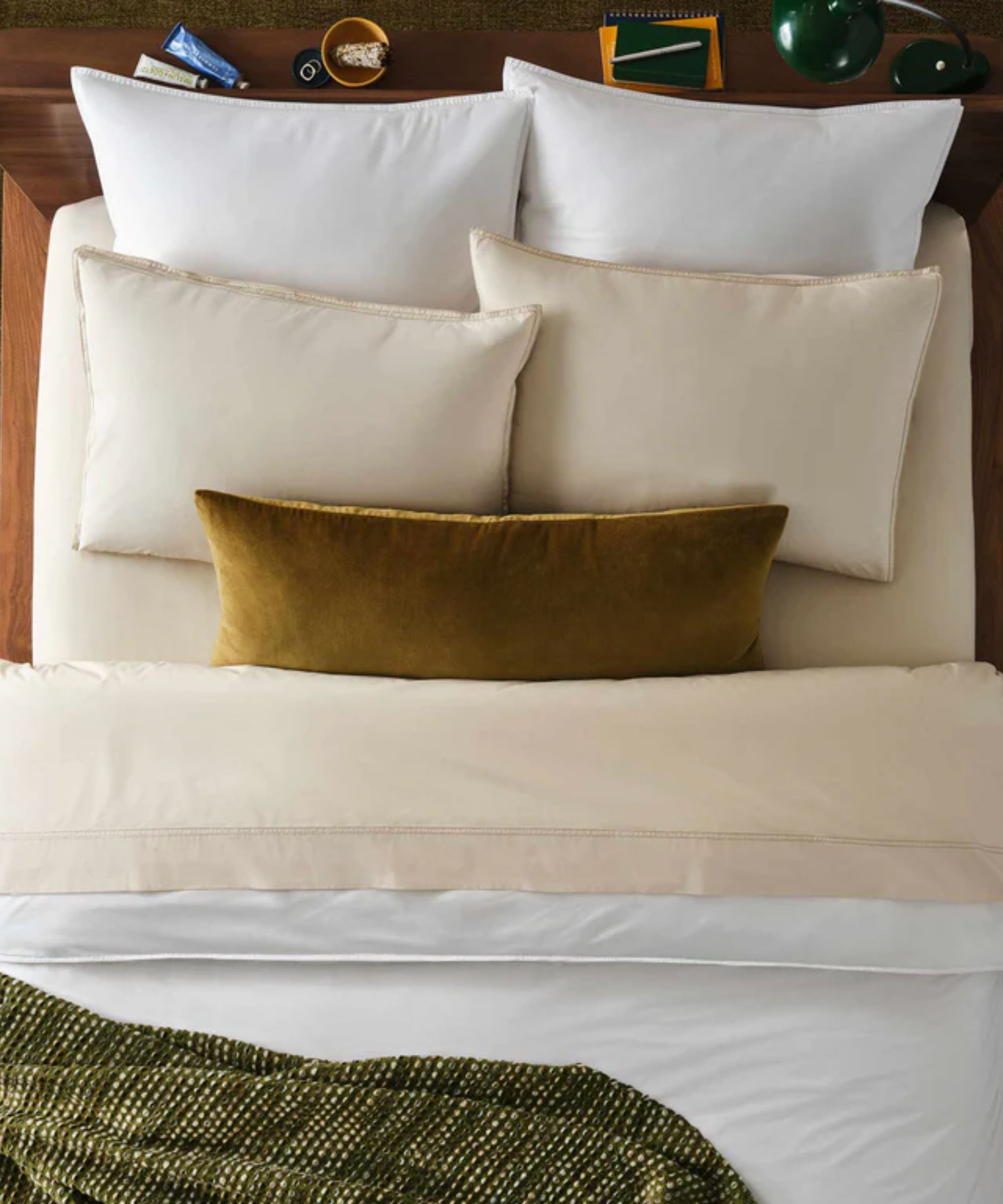 Pale taupe sheets with cream comforter