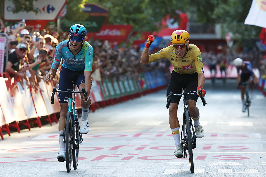 GRANADA, SPAIN - SEPTEMBER 13: Tobias Halland Johannessen of Norway and Team Uno-X Mobility (R) celebrates at finish line as stage winner ahead of Alessandro Romele of Italy and Team XDS Astana (L) during the La Vuelta - 81st Tour of Spain 2026, Stage 21 a 112km stage from Granada to Granada / #UCIWT / on September 13, 2026 in Granada, Spain. (Photo by Alexander Hassenstein/Getty Images)