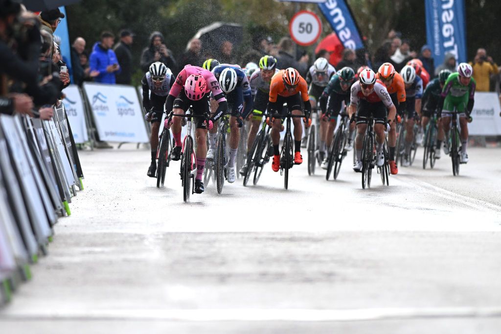 ALCUDIA SPAIN JANUARY 26 LR Marijn van den Berg of The Netherlands and Team EFEasyPost Ethan Vernon of The United Kingdom and Team SoudalQuick Step Antonio Jesus Soto of Spain and Team EuskaltelEuskadi and Axel Zingle of France and Team Cofidis sprint at finish line during the 32nd Challenge Ciclista Mallorca 2023 Trofeo Ses Salines Alcdia a 1586km one day race from Ses Salines to Por DAlcdia ChallengeMallorca on January 26 2023 in Alcudia Spain Photo by Dario BelingheriGetty Images