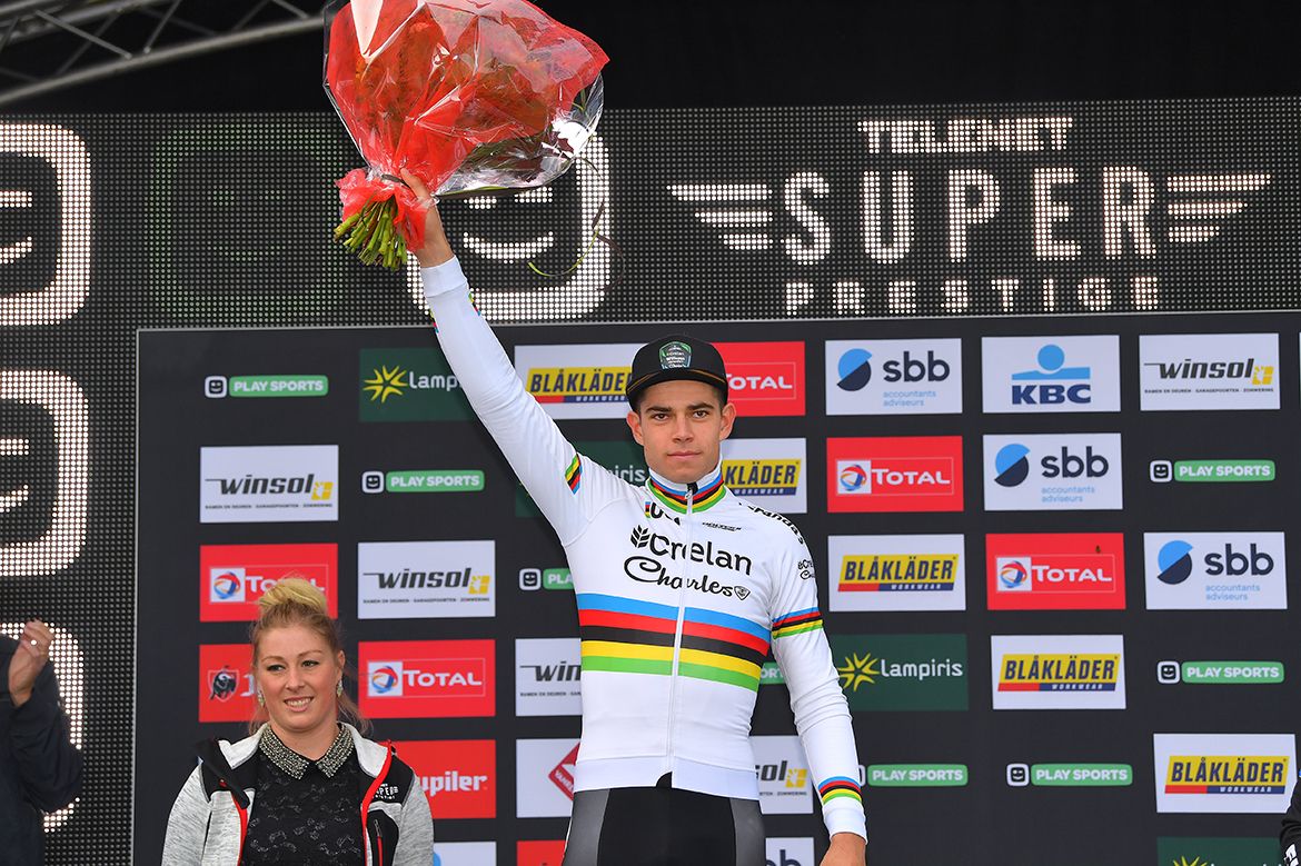 Wout van Aert on the podium at Ruddervoorde