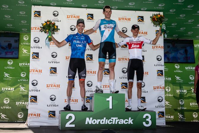 The stage 3 podium at the 2019 Tour of Utah: winner Ben Hermans (Israel Cycling Academy) flanked by runner-up Kyle Murphy (Rally UHC) and Trek-Segafredo's Niklas Eg