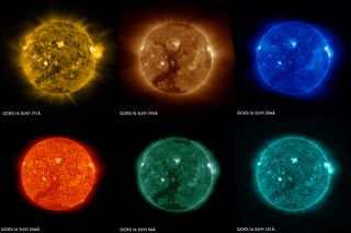 The GOES-16 satellite's Solar Ultraviolet Imager took images of the sun using six wavelengths of light, spotting a large coronal hole in the sun's southern hemisphere on Jan. 29, 2017.