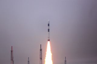 An Indian Polar Satellite Launch Vehicle rocket carrying 31 satellites lifts off from Satish Dhawan Space Centre on Nov. 29, 2018.