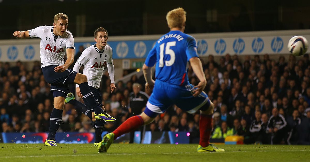 Harry Kane of Tottenham hits the crossbar with a shot during the Capital One Cup Fourth Round match between Tottenham Hotspur and Hull City at White Hart Lane on October 30, 2013 in London, England.