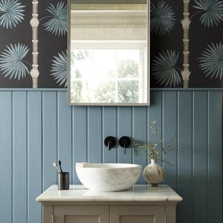 wallpaper on wall with wash basin and mirror