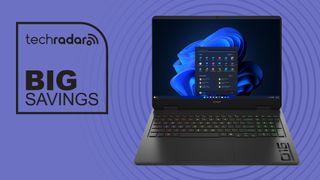 HP Omen 16 Slim on purple background with TechRadar big savings sign