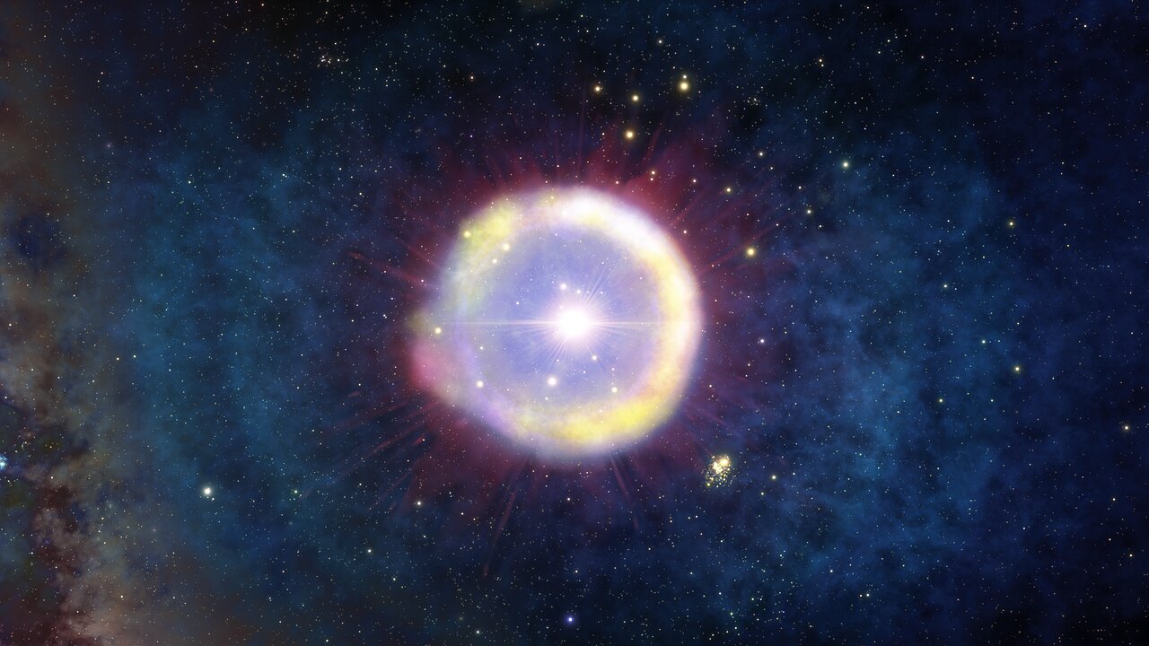 Een artistieke weergave van een populatie III-ster zoals ze er slechts 100 miljoen jaar na de oerknal uit zouden zien.