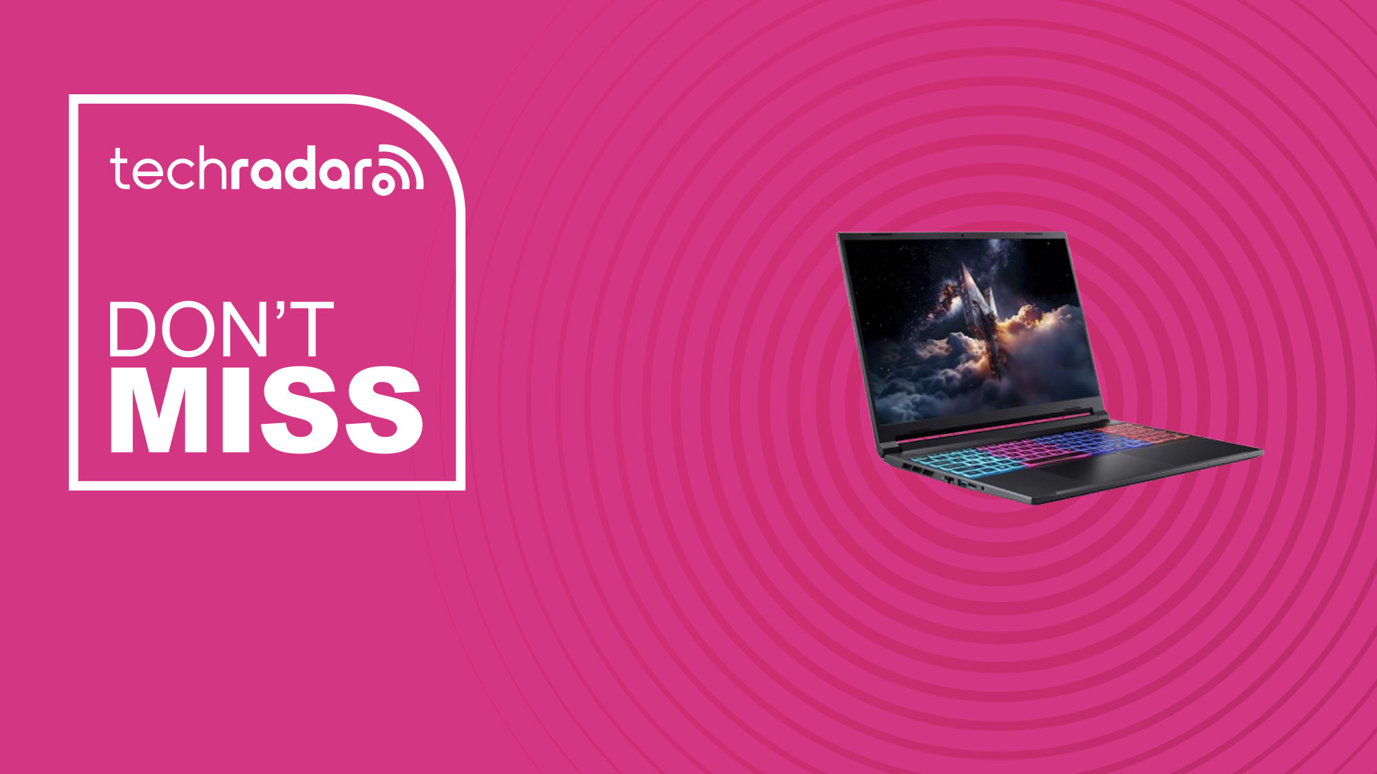 The Acer Nitro V on a pink background with text saying Don&#039;t Miss.