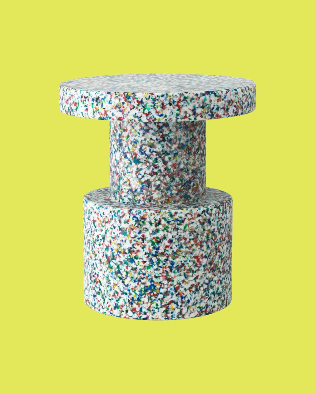 End Table Bit Stack From 100% Recycled Plastic against yellow background.